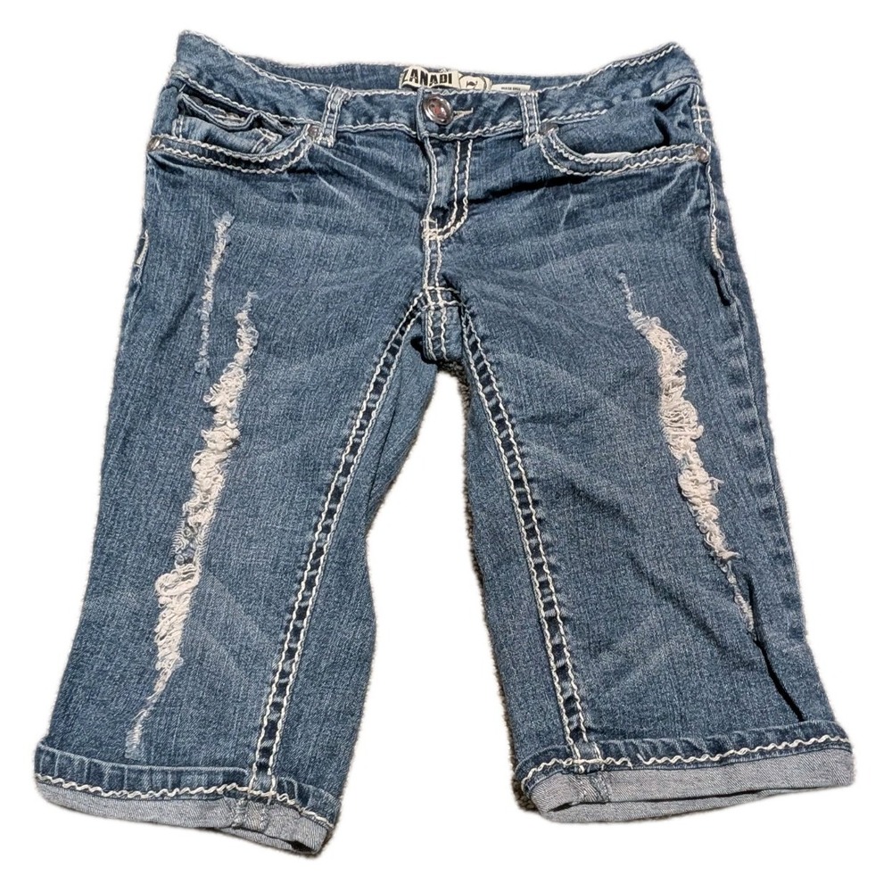 ZANADI Size 7 Women's Capri Rolled Up Jeans Rhinestone‎ Buttons Distressed